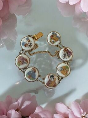 Antique Japanese Porcelain Bracelet Hand Painted Geisha Panels Vintage